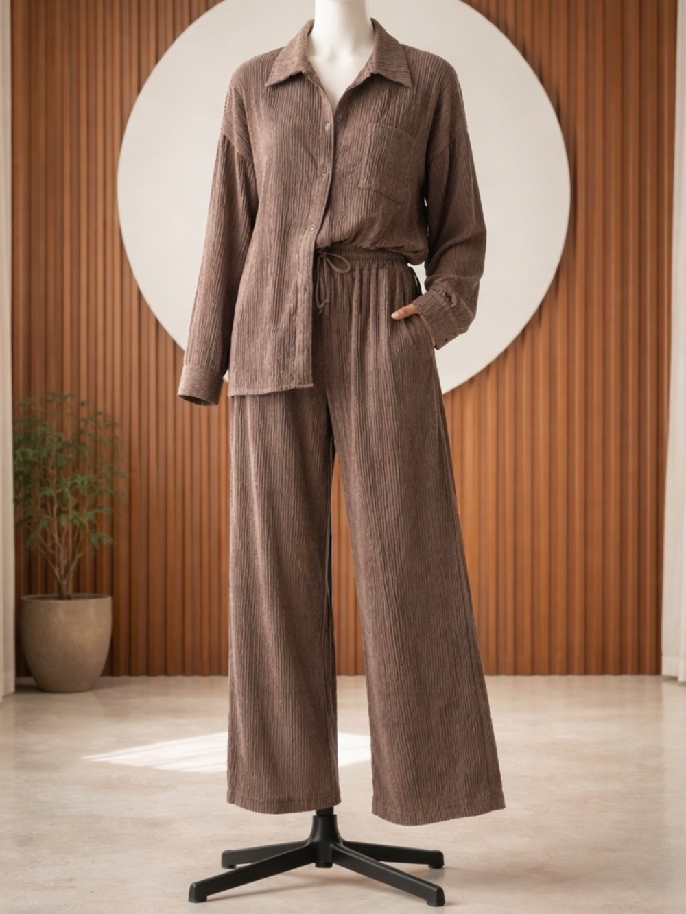 LP Crinkled Plisse Pleated Button-Down Shirt Coco Wide-Leg Loungewear Set